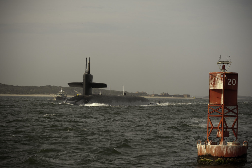 USS Tennessee (SSBN 734) transits the Saint Marys River near Fort Clinch State Park. The Ohio-class ballistic missile submarine departed Naval Submarine Base Kings Bay for routine operations.