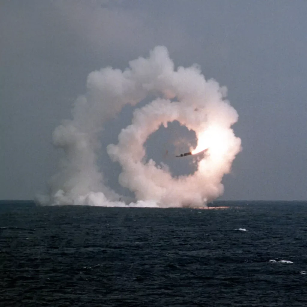 THe first Trident II (D5) Performance Evaluation Missile (PEM-1) spins out of control after being launched from USS Tennessee (SSBN 734) on March 21, 1989
