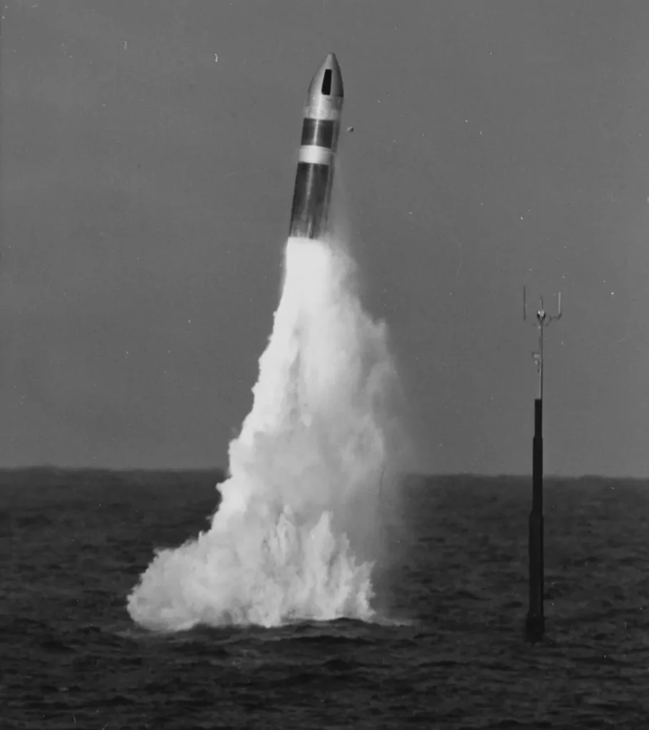 A POSEIDON C-3 Missile is fired by USS JAMES MADISON (SSBN-627) on October 23, 1970.
