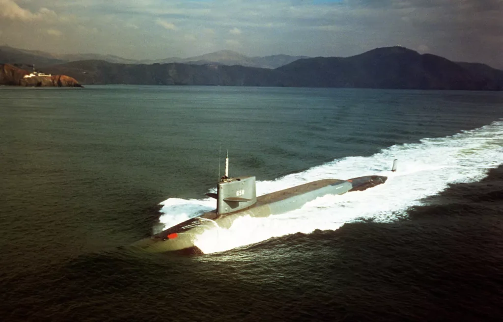 A port bow view of USS MARIANO G. VALLEJO (SSBN-658). She was the second Poseidon Submarine backfitted with Trident I (C4) missiles.