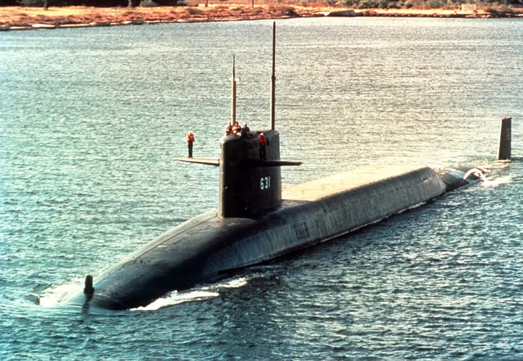 A port bow view of USS ULYSSES S. GRANT (SSBN-631). She was the fourth submarine to complete conversion to POSEIDON C3.
