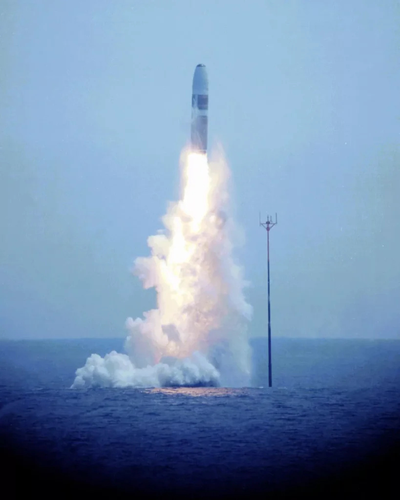 A Trident I (C4) missile is launched from USS FLORIDA (SSBN-728) during a DASO on August 21, 1983.