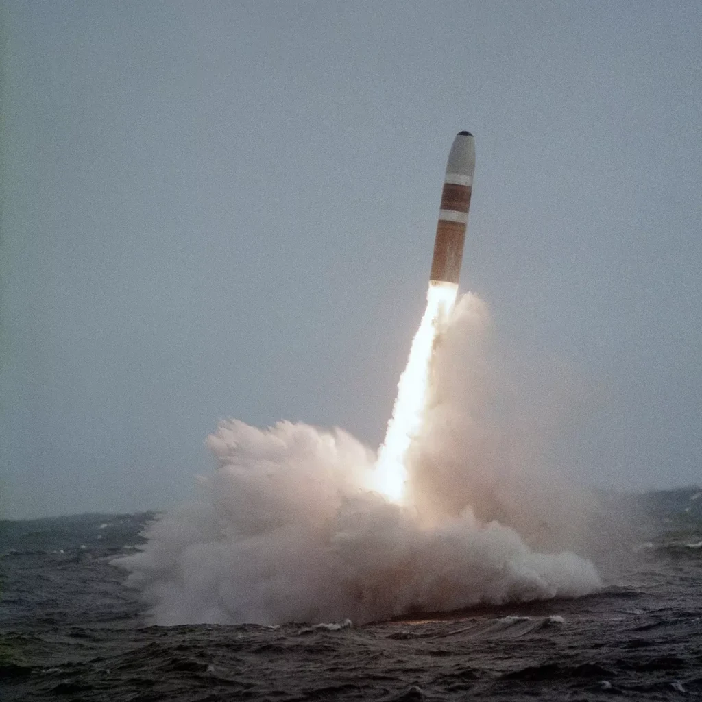 A Trident I (C4) missile clears the water during the 20th DASO launch from submarine USS MARIANO G. VALLEJO (SSBN 658) on October 9, 1984. This was the 45th flight of the Trident missile.