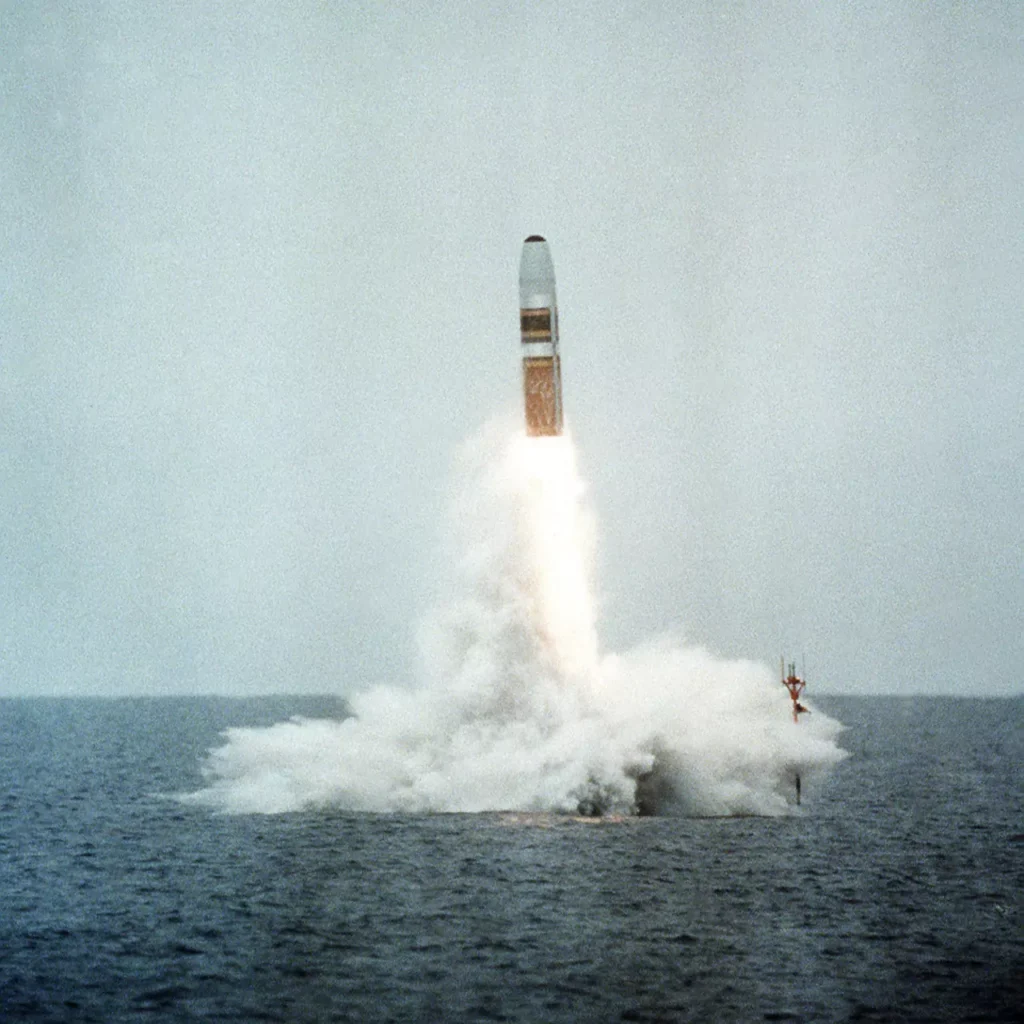 A view of the 13th DASO launch of a Trident I (C4) missile from USS JAMES MADISON (SSBN-627) on June 5, 1982.