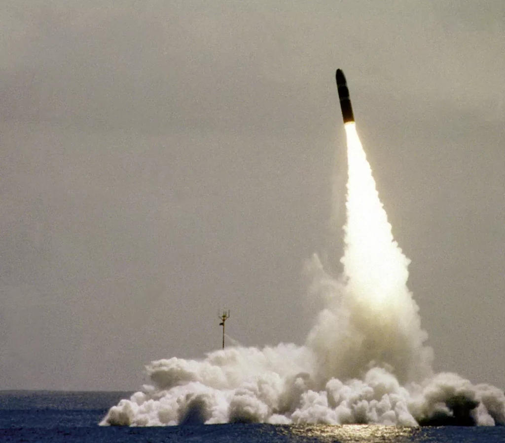 A Trident I (C4) missile is launched from USS OHIO (SSBN-726) on March 13, 1982.