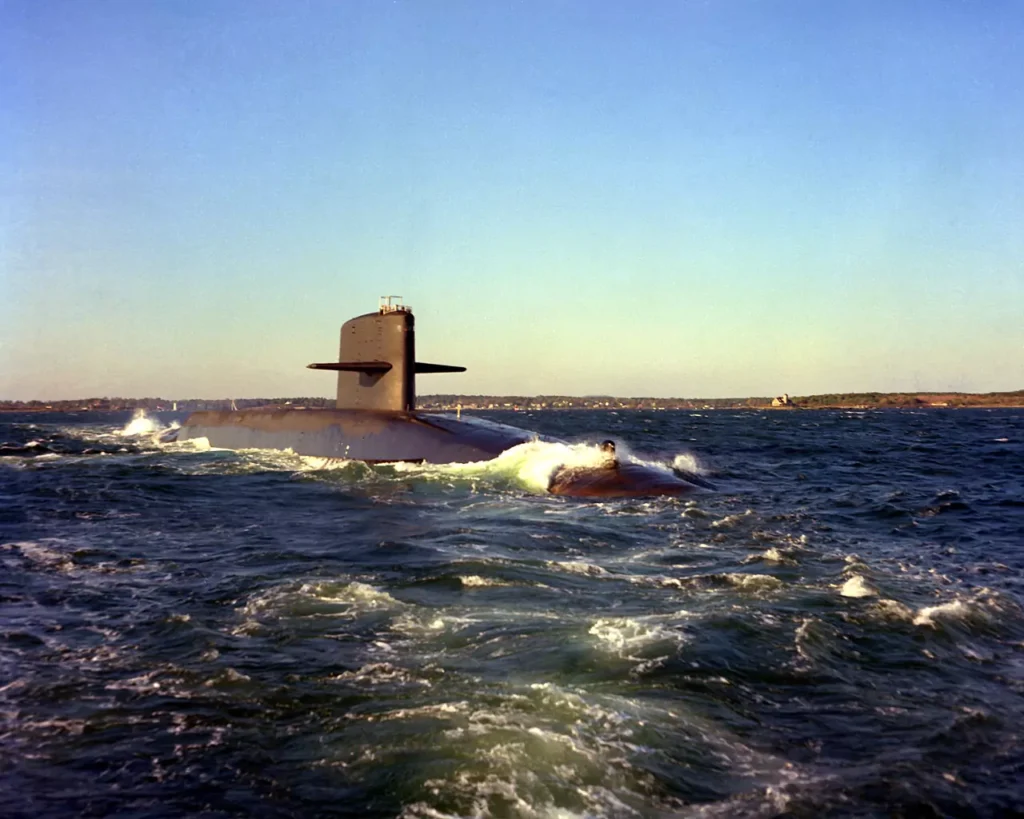 A starboard bow view USS GEORGE BANCROFT (SSBN-643) underway. She was the fourteenth submarine converted to POSEIDON C3.