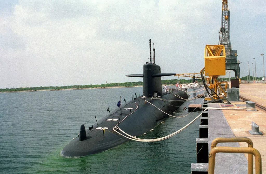A port bow view of USS JOHN C. CALHOUN (SSBN-630) in port. She was the fifth Poseidon submarine converted to Trident I (C4).
