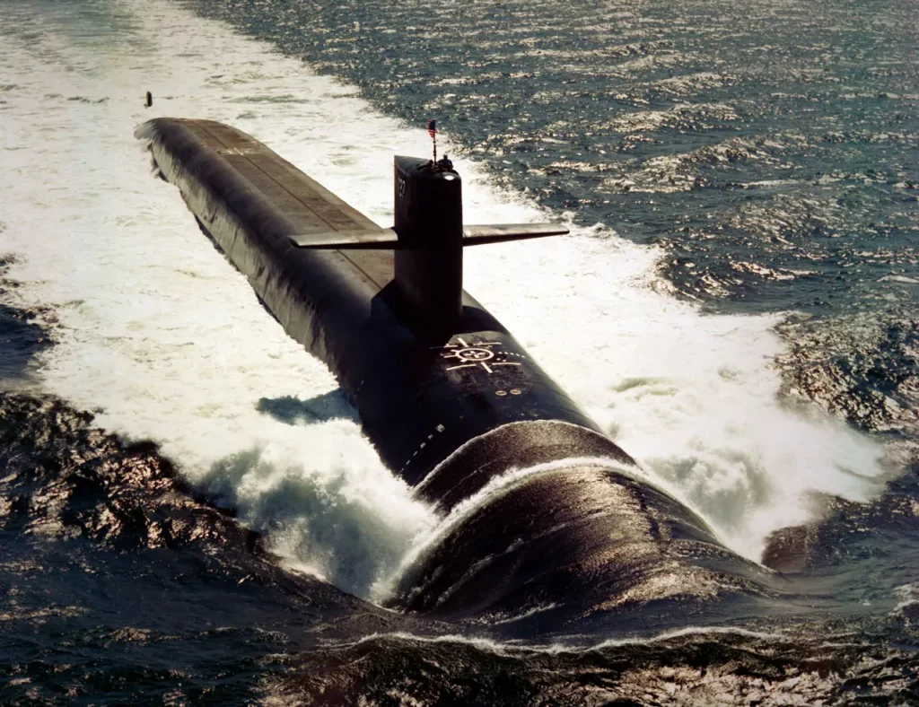 A starboard bow view of USS MICHIGAN (SSBN-727). She was the second Trident submarine commissioned with Trident I (C4) missiles. 