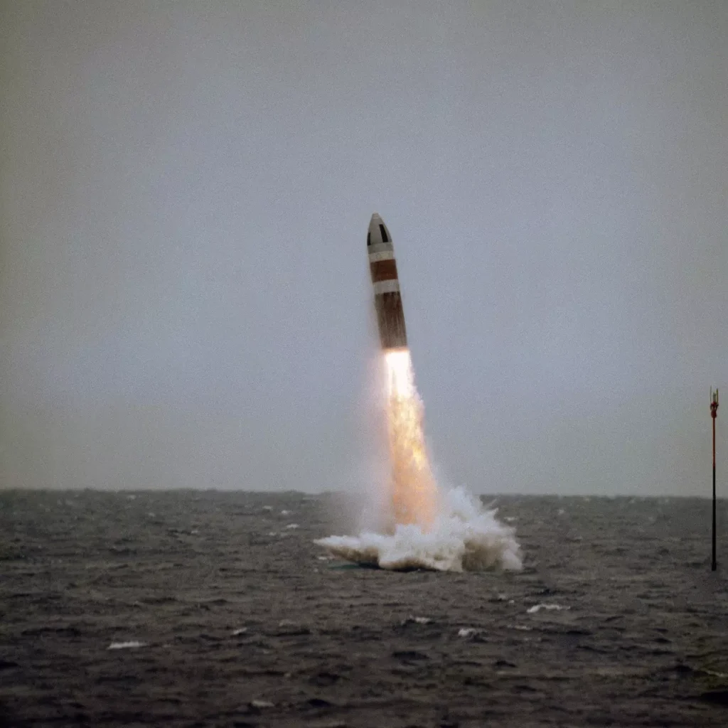 A UGM-73 Poseidon C-3 is launched from USS WILL ROGERS (SSBN 659) on May 20, 1986. This is the 81st launch of a Poseidon missile and the 61st from a submarine.