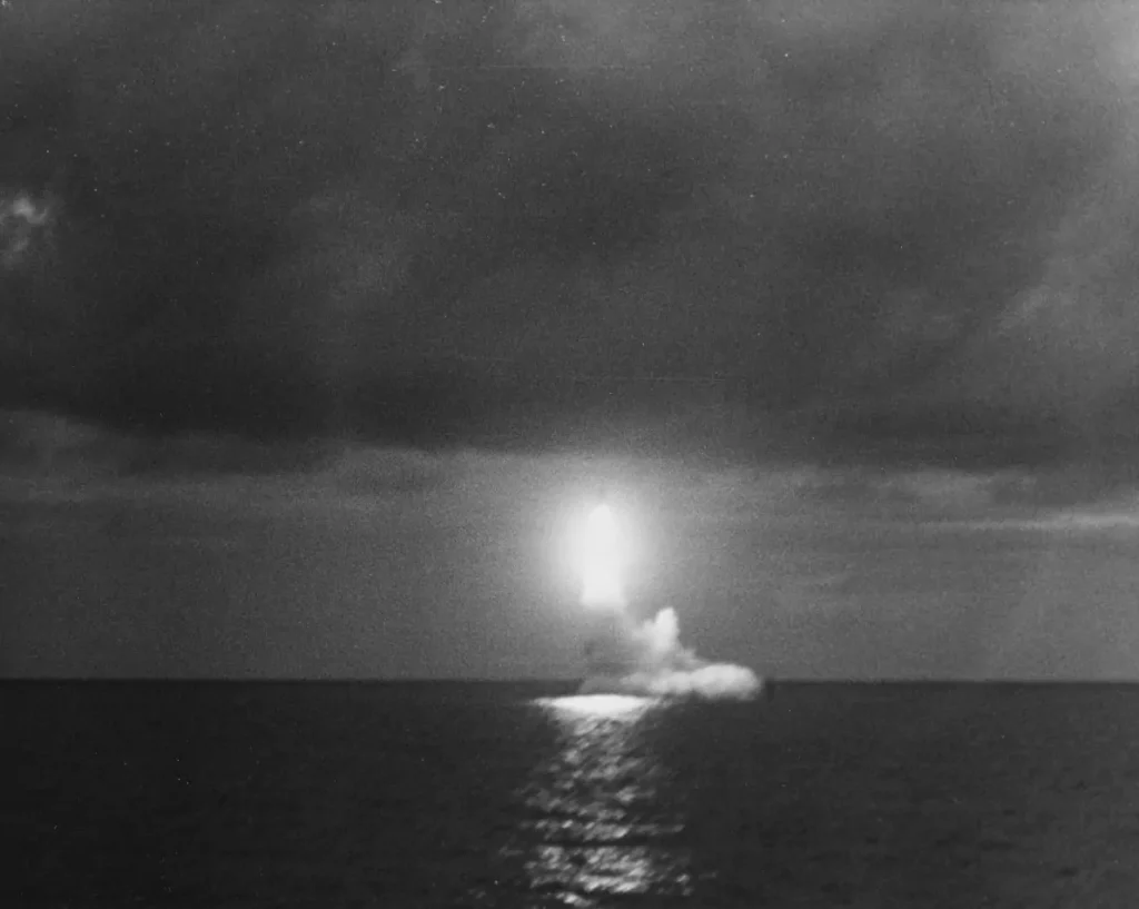 UGM-73A POSEIDON C3 Missile launched from USS NATHAN HALE (SSBN-623) on 24 September 1975.
