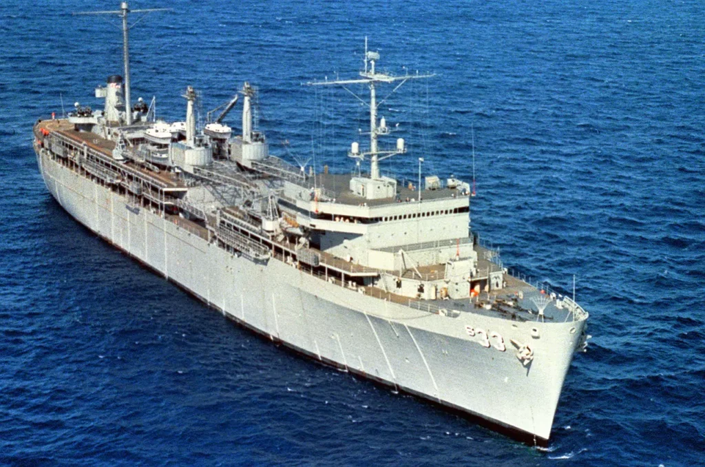 Submarine tender USS SIMON LAKE (AS-33) near Hawaii. She was the second tender to be converted to Poseidon.