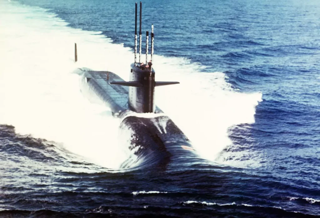 A starboard bow view of USS ANDREW JACKSON (SSBN-619) underway. She was the twenty-sixth submarine converted to POSEIDON C3.
