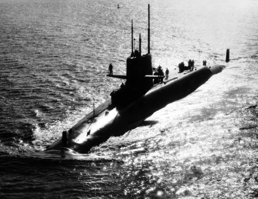 A bow view of USS BENJAMIN FRANKLIN (SSBN 640). She was the twelfth conversion to the POSEIDON C3 missile.