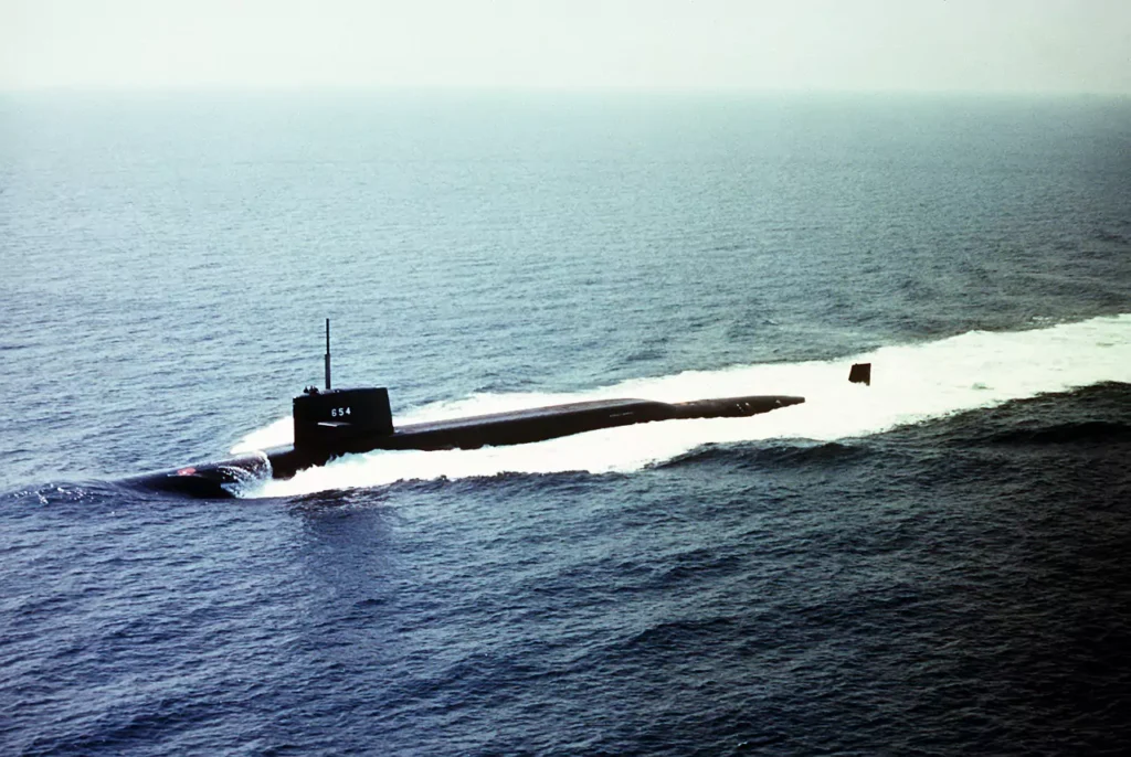 A port bow view of USS GEORGE C. MARSHALL (SSBN-654) underway. She was the seventeenth submarine to be converted with POSEIDON C3 capabilities.