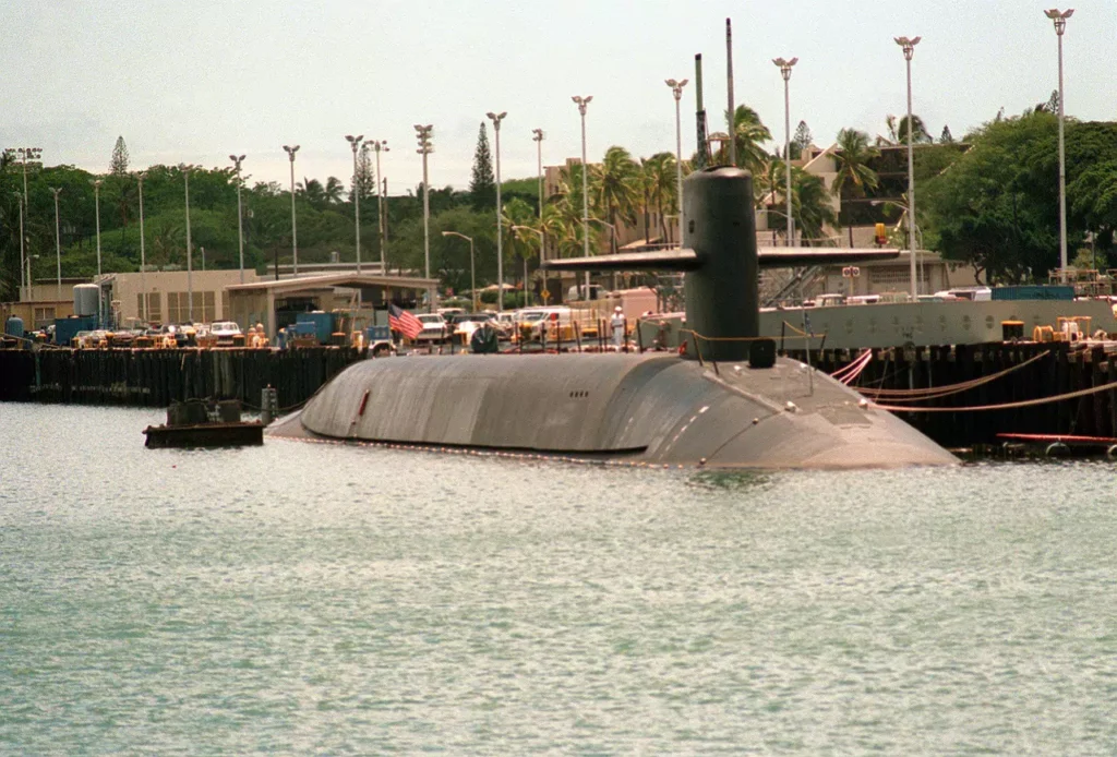 A starboard view of the submarine USS GEORGIA (SSBN-729) moored to a pier. She was the fourth Trident Submarine commissioned.