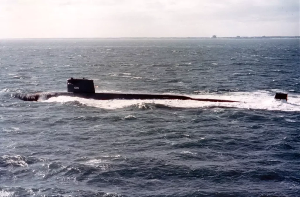 USS LAFAYETTE (SSBN 616) underway. She was the twenty-third submarine to complete conversion to POSEIDON C3.