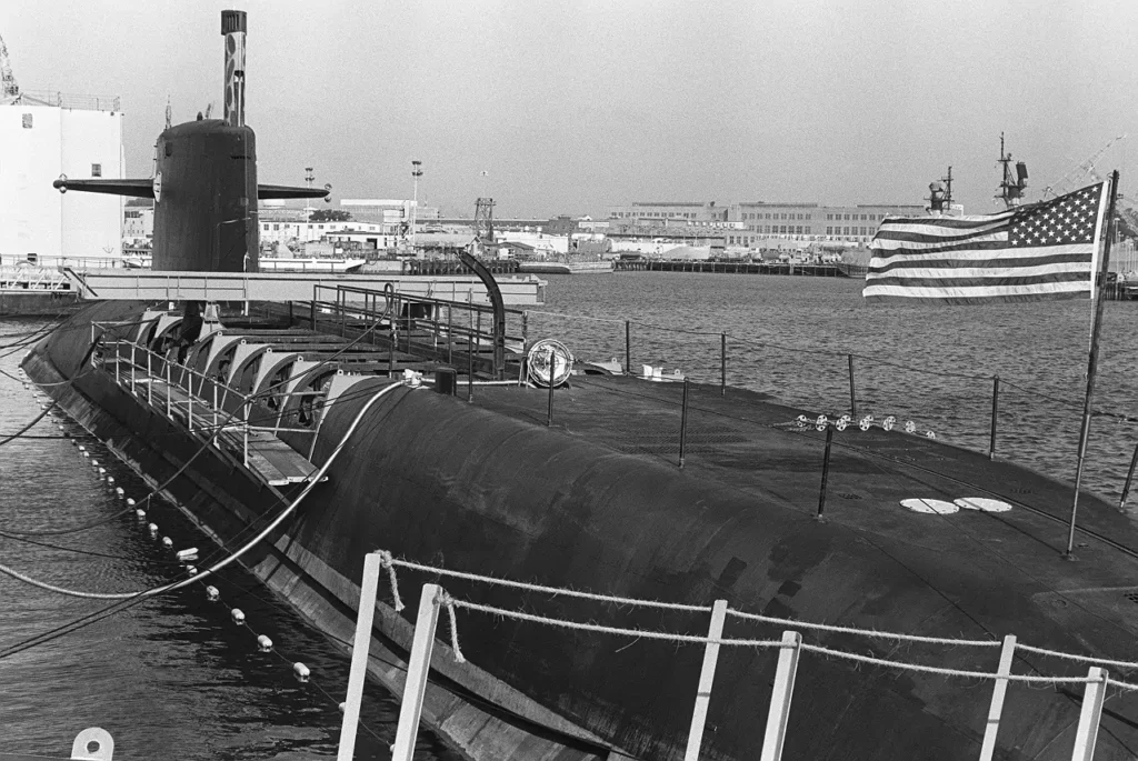 USS SAM RAYBURN (SSBN 635) during strategic offload of its missiles before dismantlement.