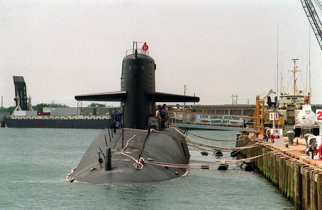 A bow view of USS SIMON BOLIVAR (SSBN-641) in port. She was the eleventh submarine to convert to POSEIDON C3 capabilities.